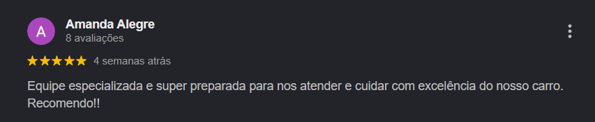 Avaliação 5 estrelas de Amanda Alegre no Google: equipe especializada e preparada