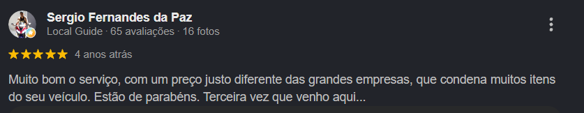 Avaliação 5 estrelas de Sergio Fernandes da Paz no Google: preço justo, terceira vez que vem
